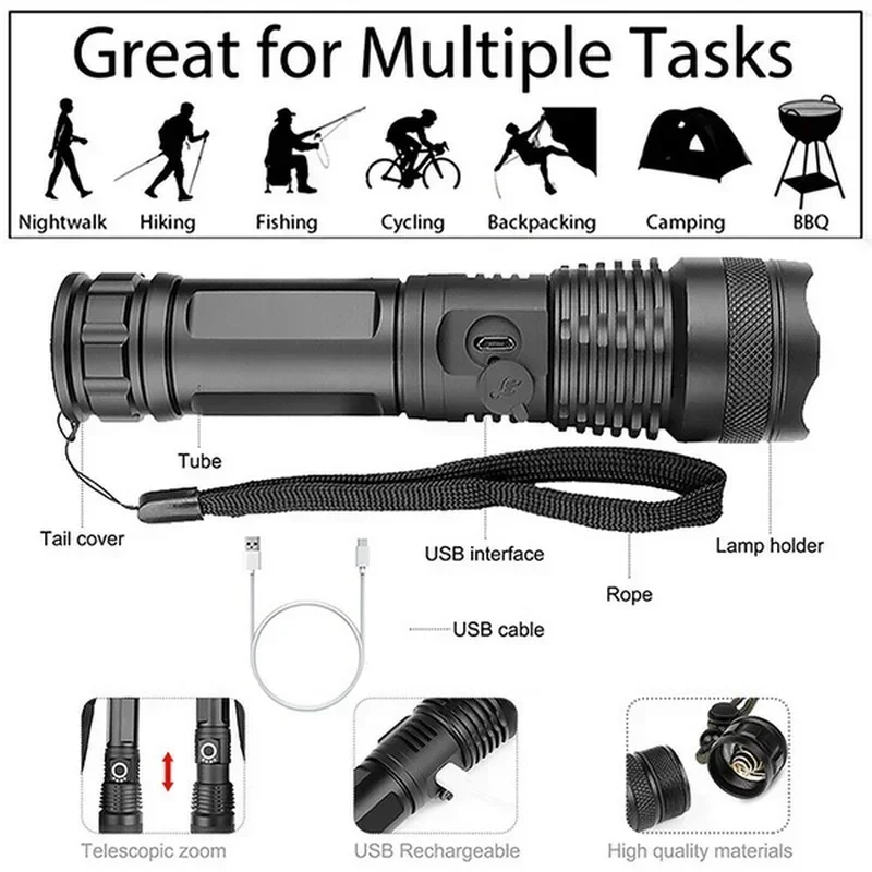 고출력 XHP70 LED 손전등 USB-C 충전식 토치 - Outdoor Camping Glamping 리뷰 및 가격